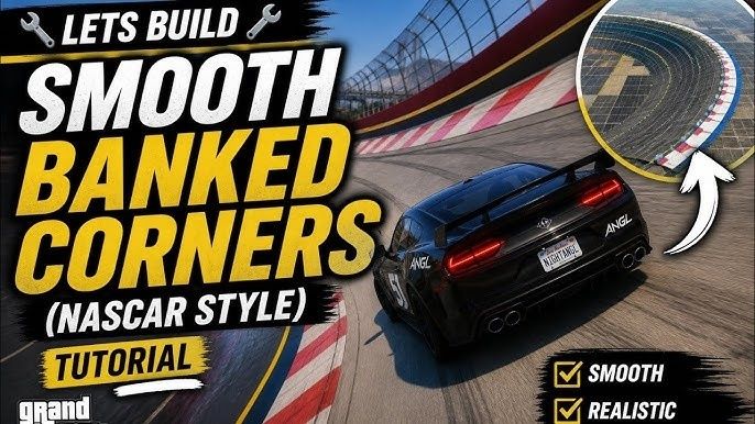 Sports car taking a steeply banked asphalt corner in a racing graphic